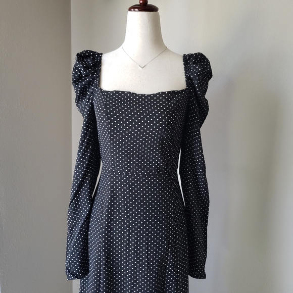 Black Polka Dot Print Gigot Long Sleeve Midi Dress - Picture 6 of 13